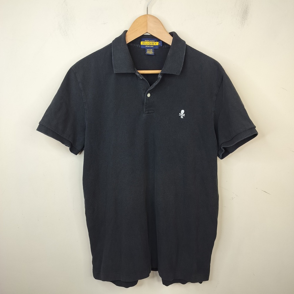 Ralph Lauren Rugby Polo Shirt Mens Large Skull Crossbones Vintage Preppy Black